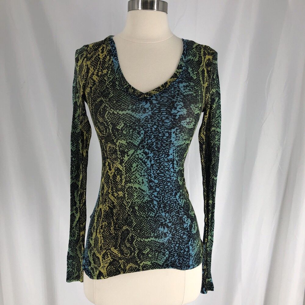 BCBGMAXAZRIA Womens Colorful Snakeskin Print Long Sleeve Knit Top Size XS